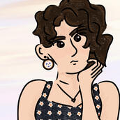 Digital drawing of a person with pale skin and curly brown hair holding eir hair and wearing a sundress